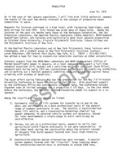 Gerard K. O'Neill Princeton Space Colonization newsletter June 15th 1975