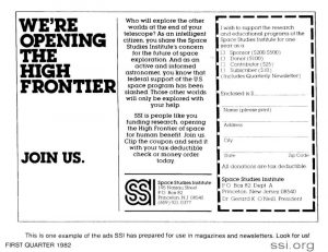 Space Studies Institute Q1 1982 Newsletter image SSI magazine ad