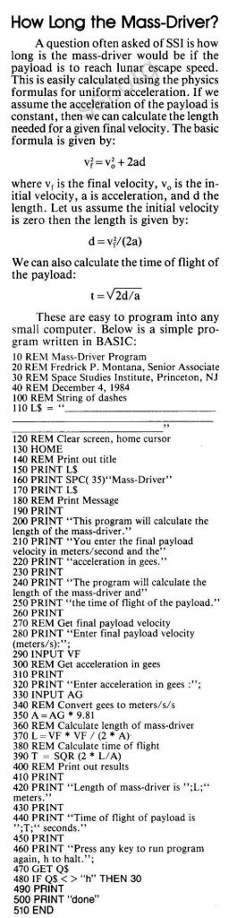 Space Studies Institute Newsletter 1985 JanFeb mass driver program