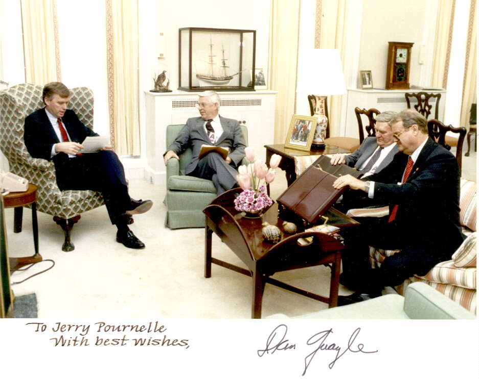 Briefing Vice President Dan Quayle, 1989, with the late General Daniel Graham and the late Maxwell Hunter II. 